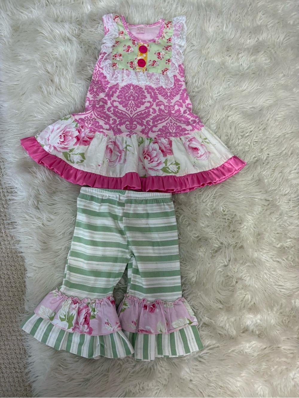 Giggle Moon Pink Floral Ruffle Tunic with Green Striped Ruffle Pants Set